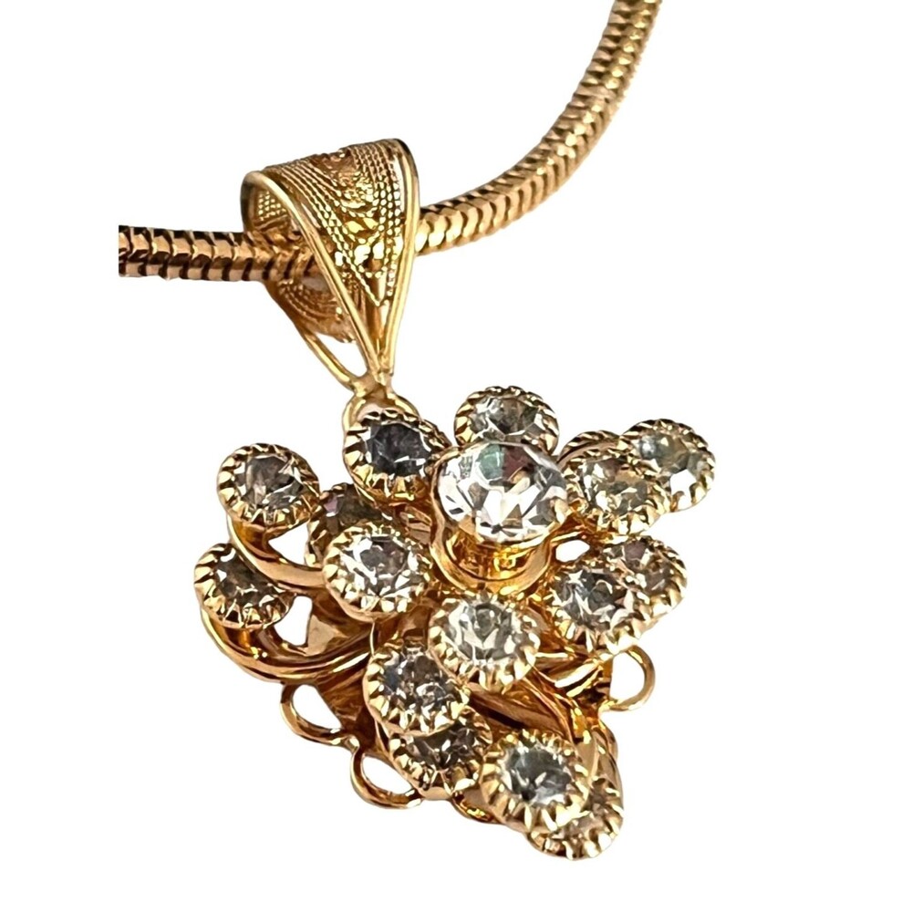 Vintage 1960s Abstract Crystal Pendant Necklace Gold Tone Midcentury - 1V